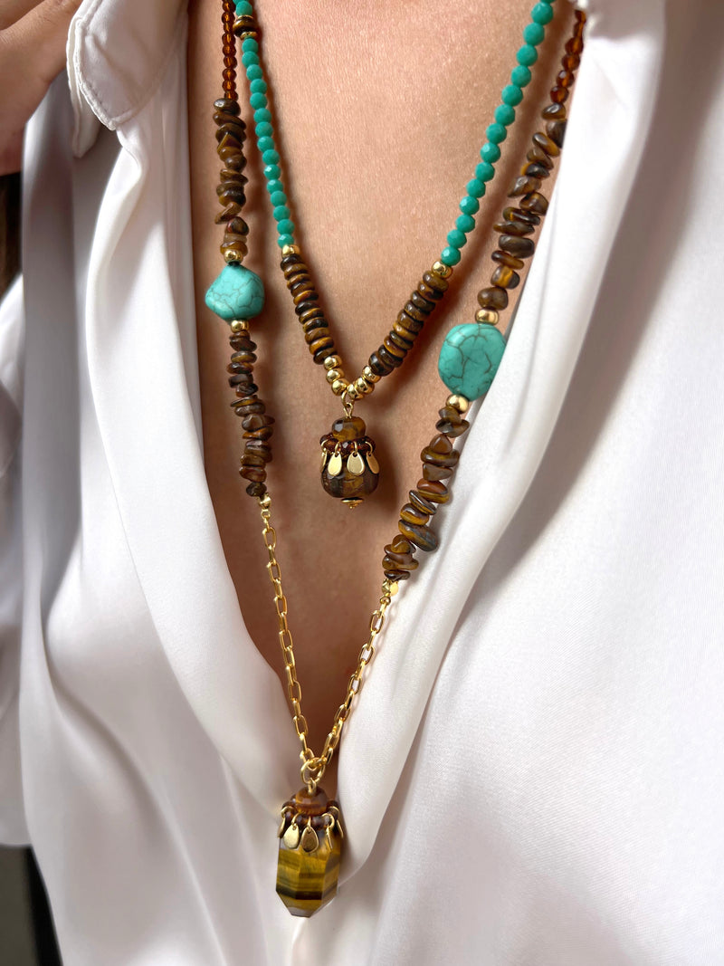 Mix De Colares Turquesa E Marrom Com Pedra Olho De Tigre