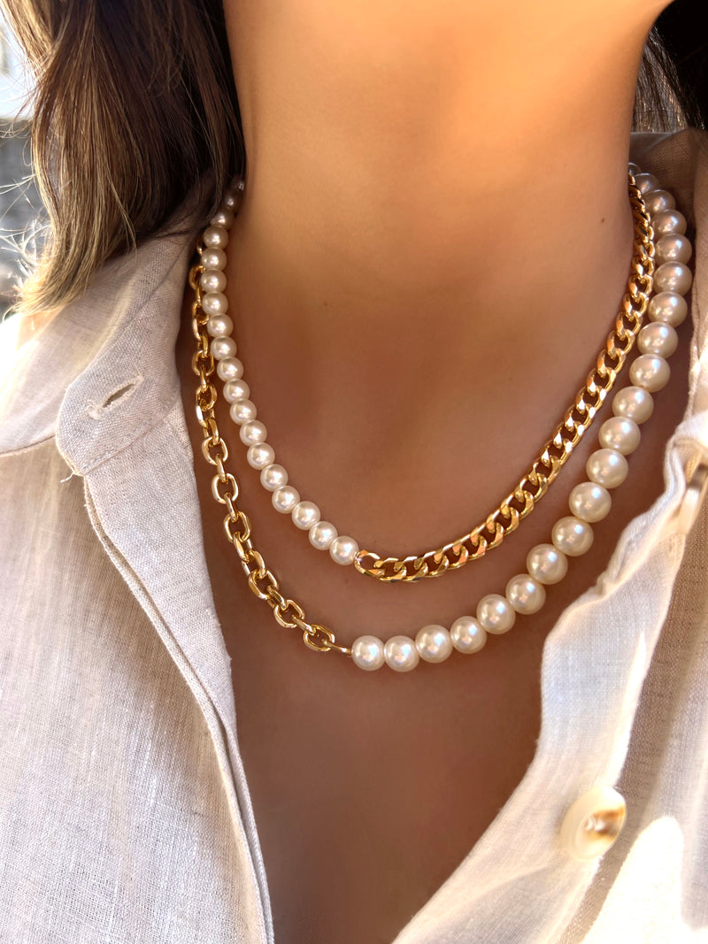 Mix De Dois Colares Corrente Leve Grume E Oval Com Pérolas Acrílicas