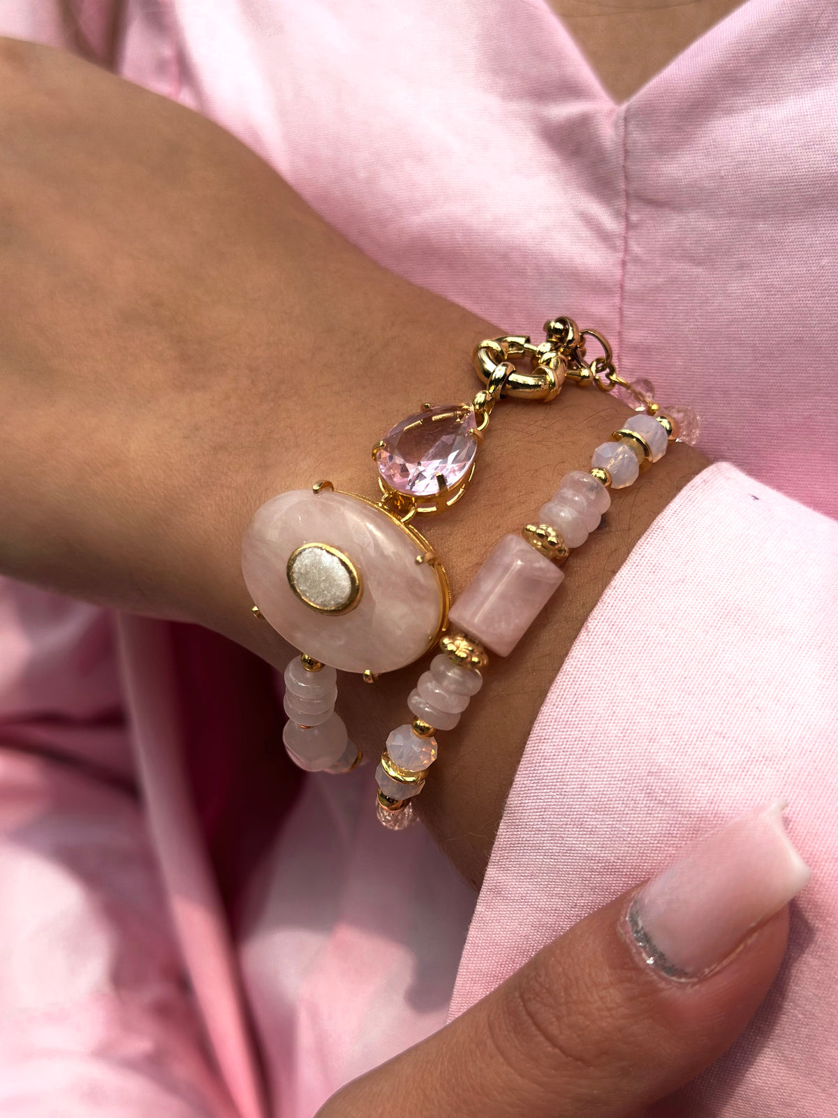 Mix Pulseira Celina Quartzo Rosa e Gota