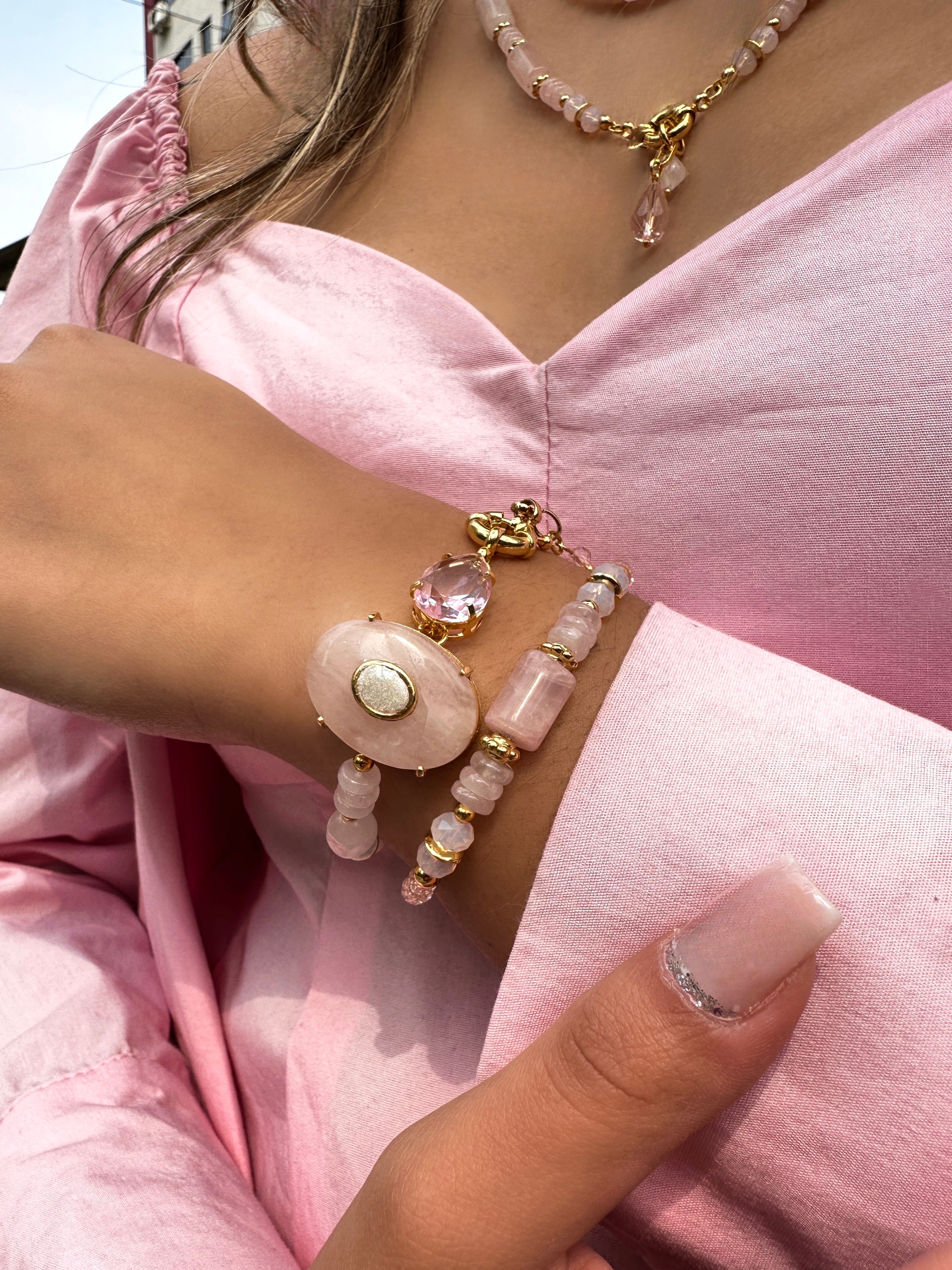 Mix Pulseira Celina Quartzo Rosa e Gota