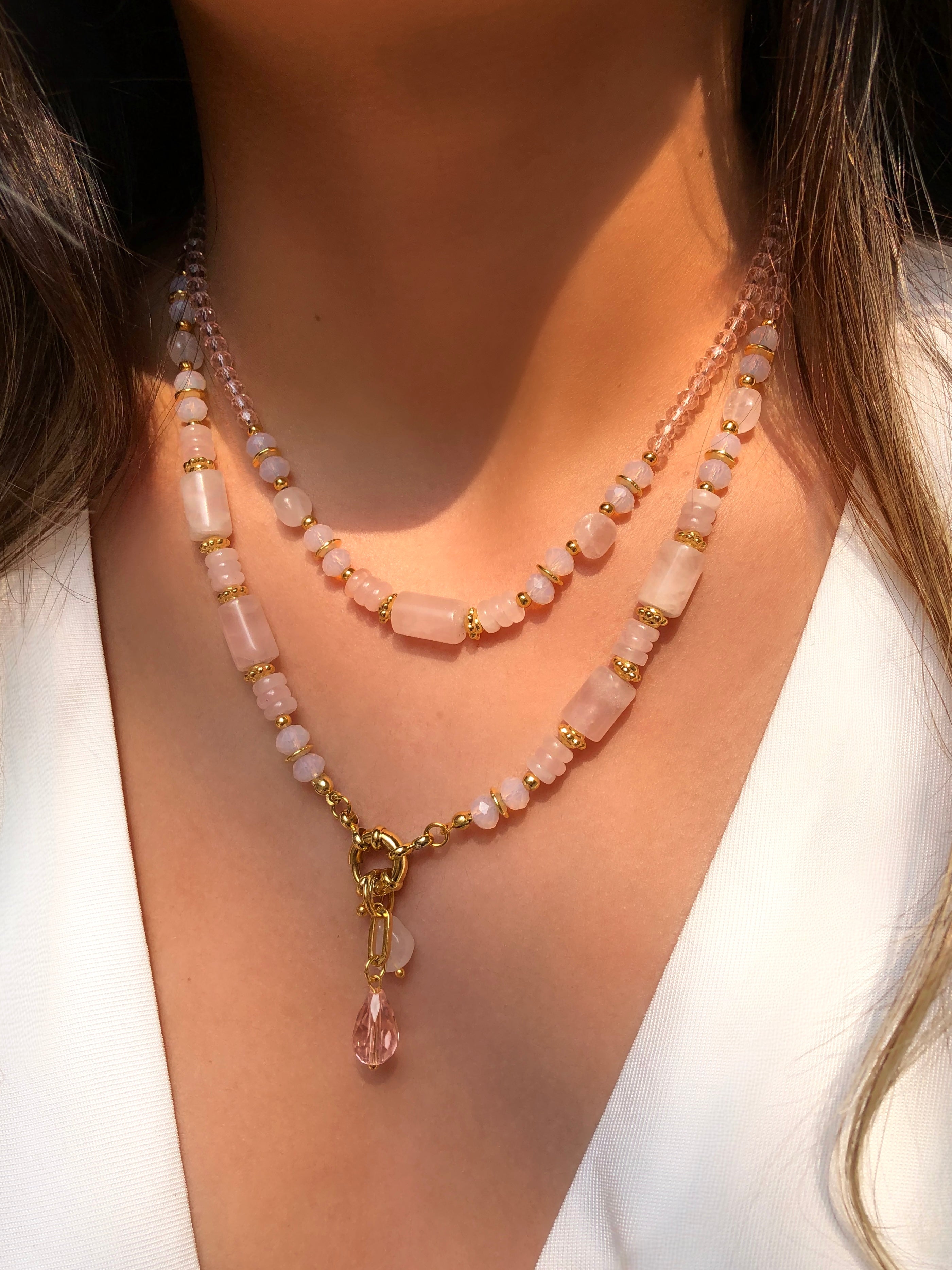 Mix De Colares Celina com Pedra Natural Quartzo Rosa