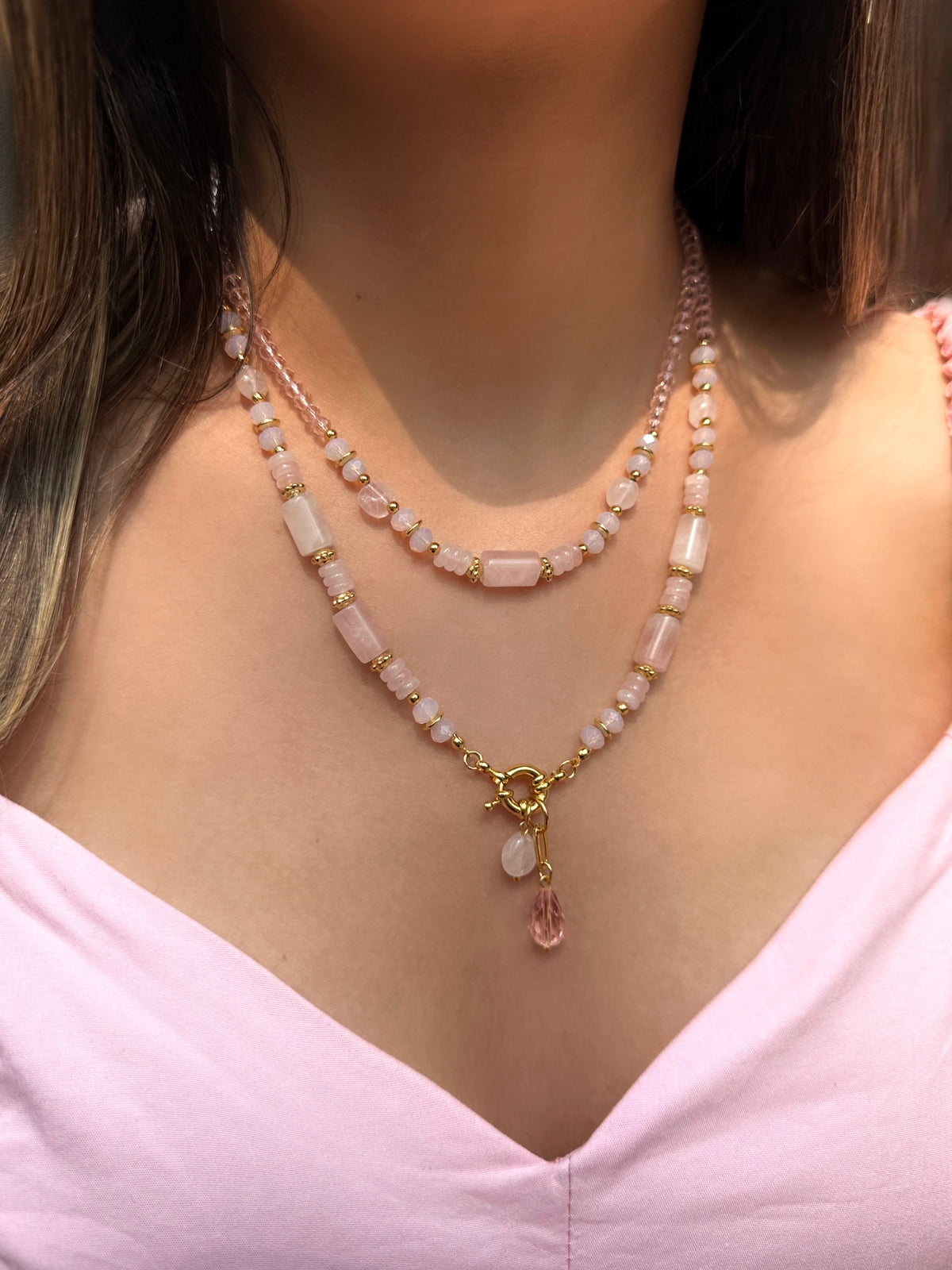 Mix De Colares Celina com Pedra Natural Quartzo Rosa