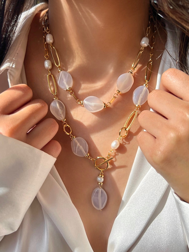 Mix De Dois Colares Com Pedras Ágata Branca