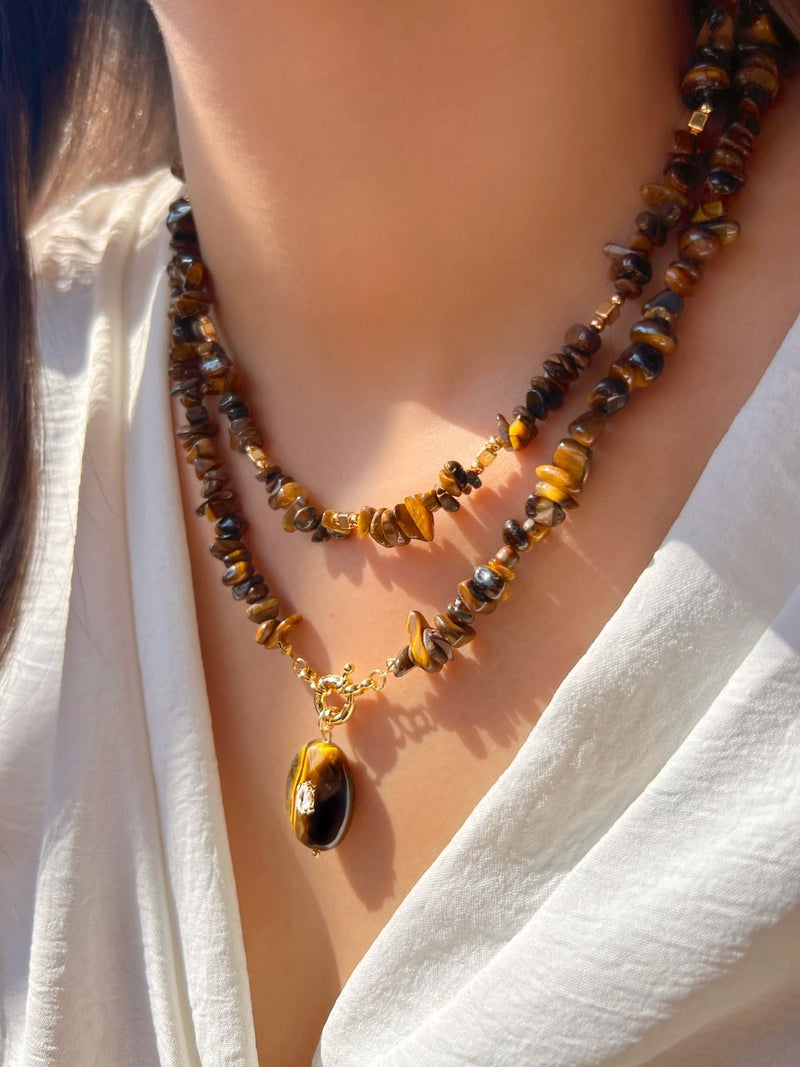 Mix De Dois Colares Cascalho Olho De Tigre