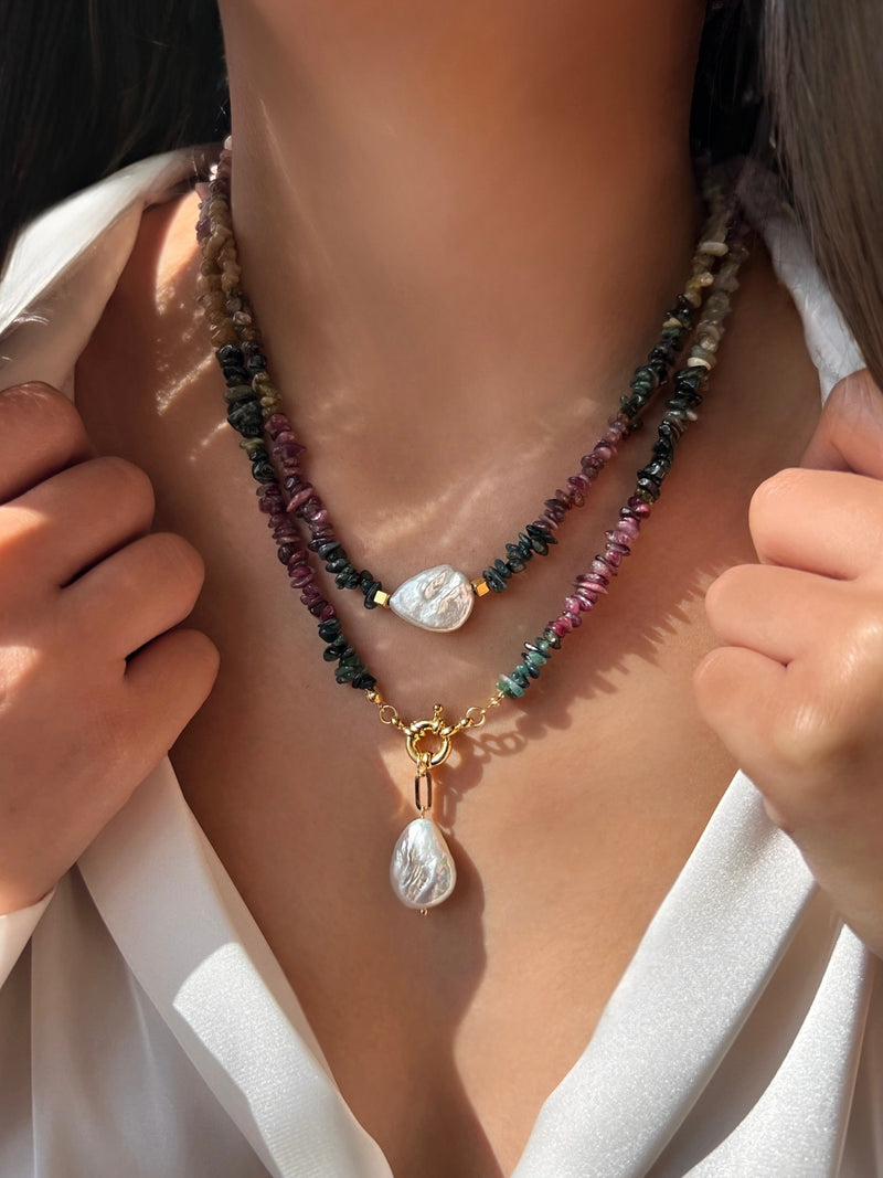 Mix De Dois Colares Cascalho Turmalina E Pérola Barroca