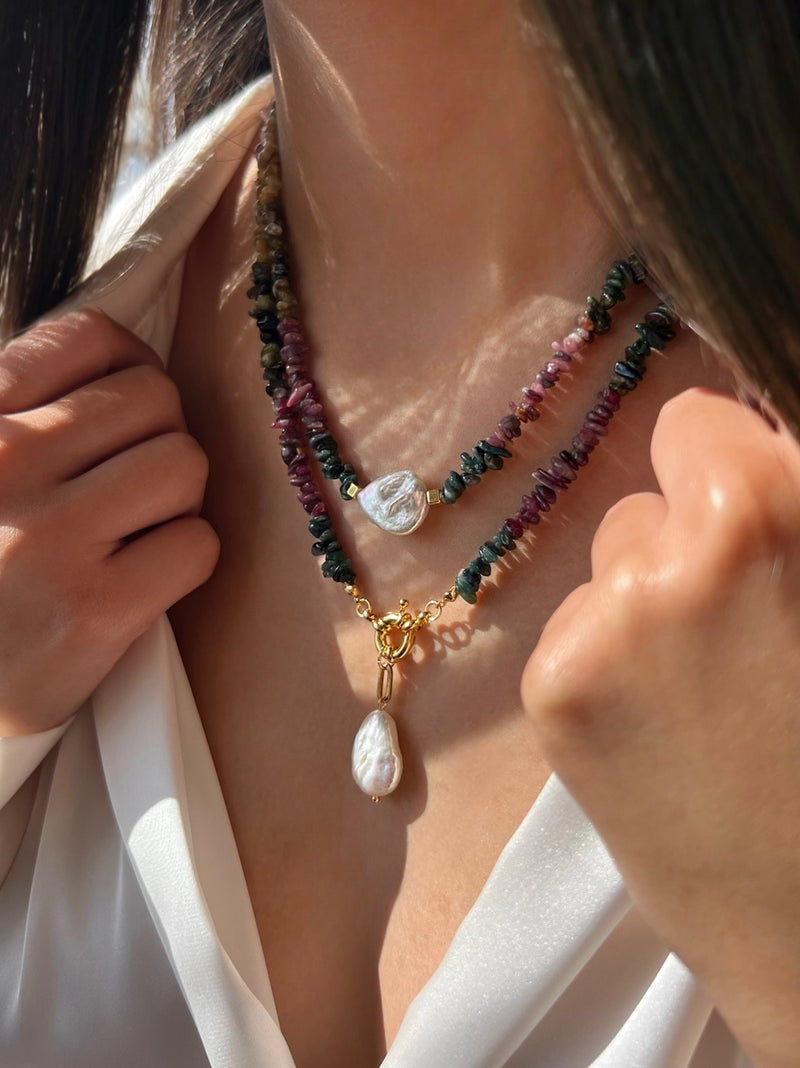 Mix De Dois Colares Cascalho Turmalina E Pérola Barroca