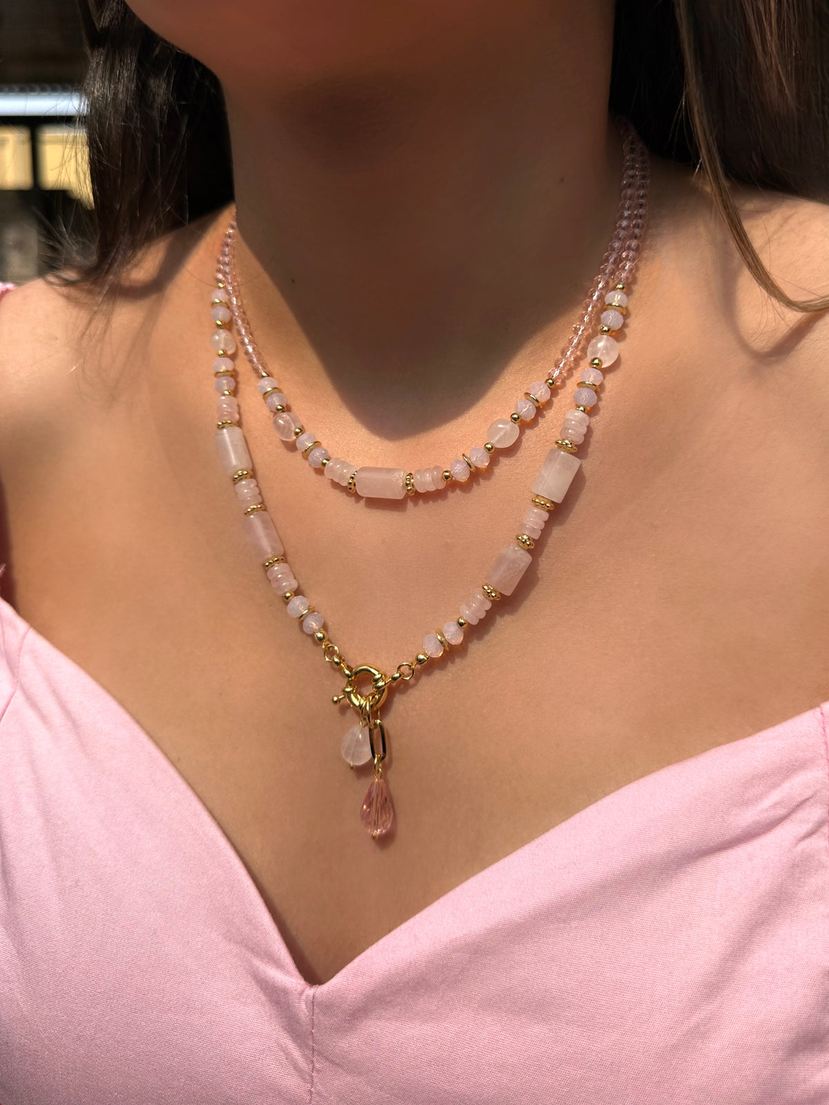 Mix De Colares Celina com Pedra Natural Quartzo Rosa