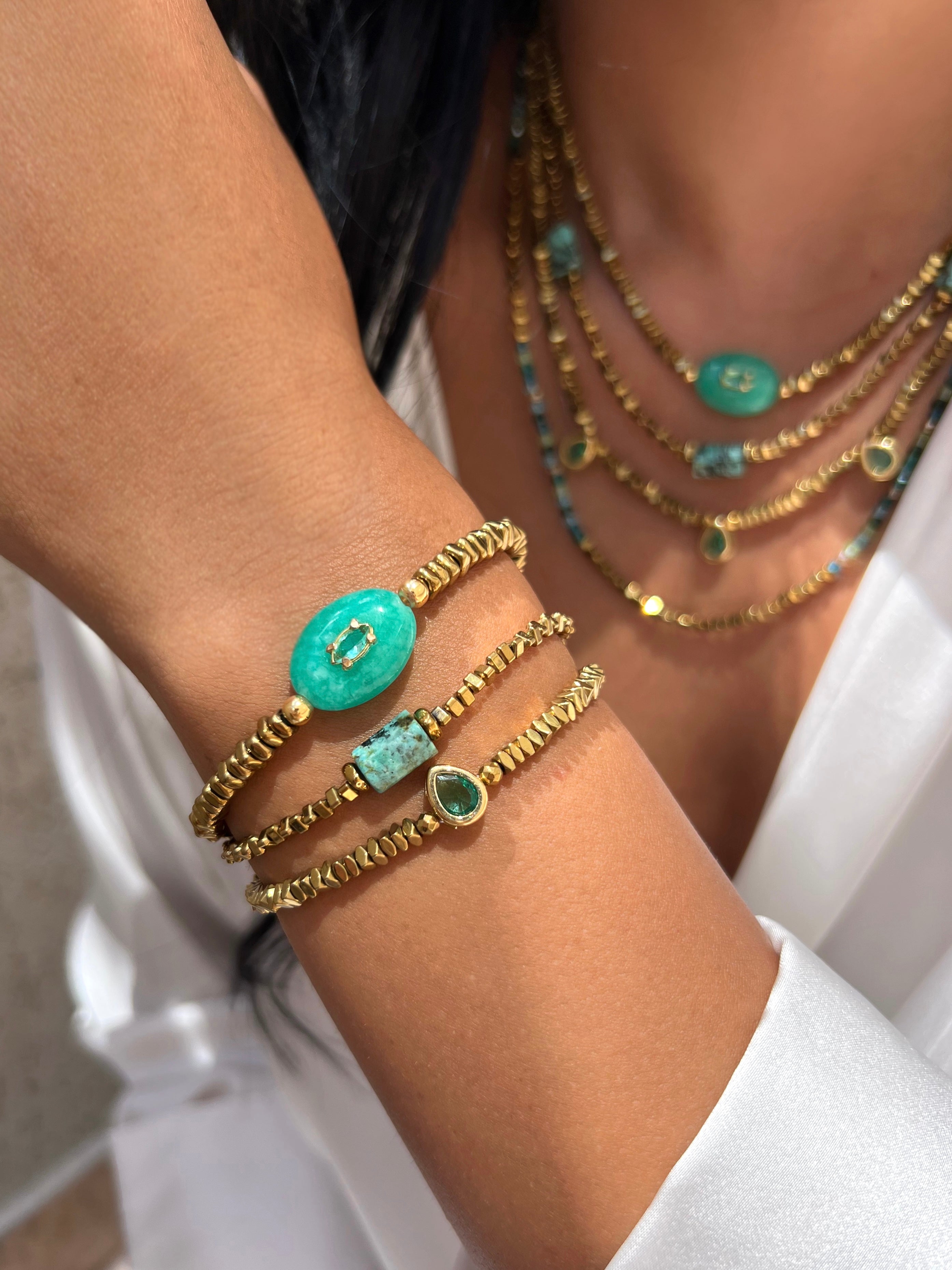 Mix De Três Pulseiras Hematita Com Amazonita e Turquesa Africana