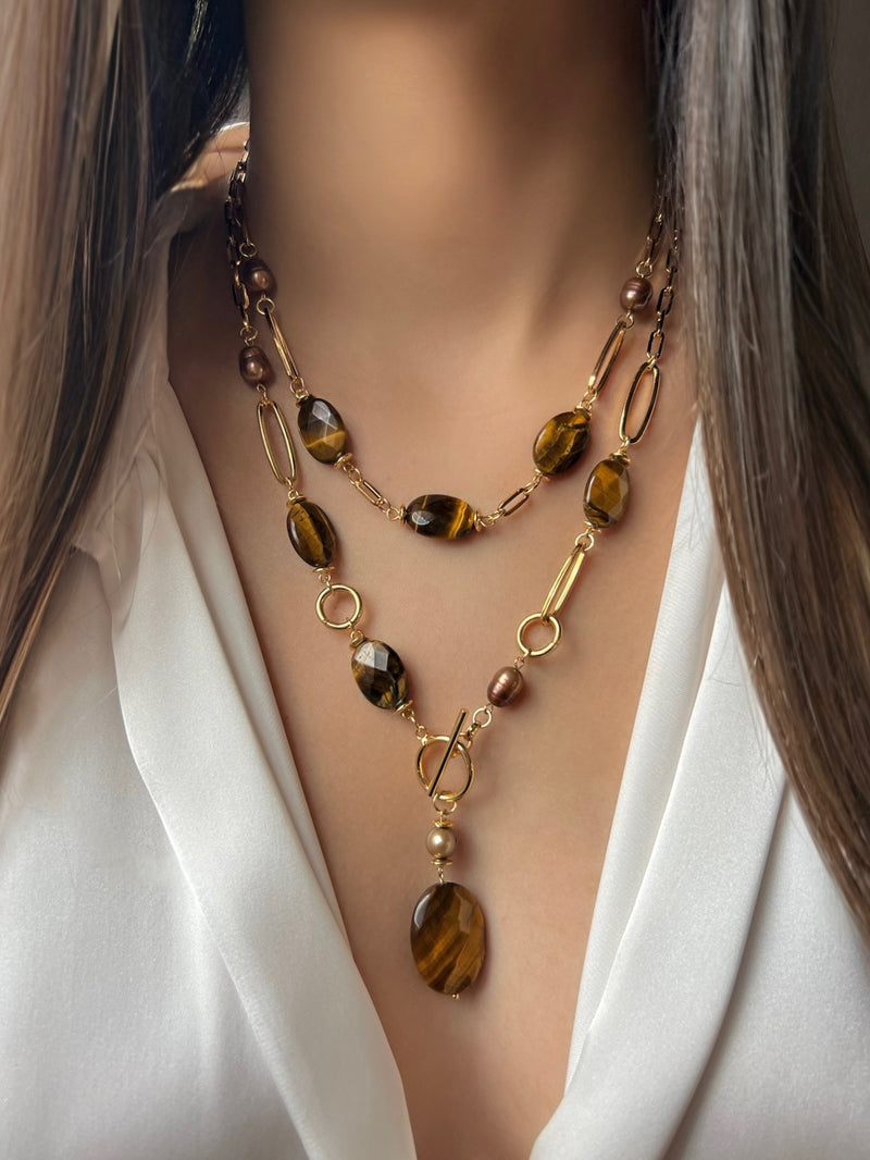 Mix De Dois Colares Com Pedras Olho De Tigre