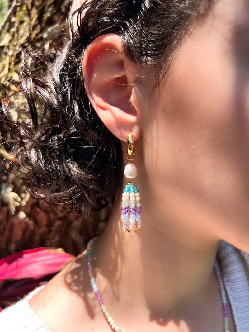 Par De Brincos Argola Pérola Tassel Mix Algodão Doce