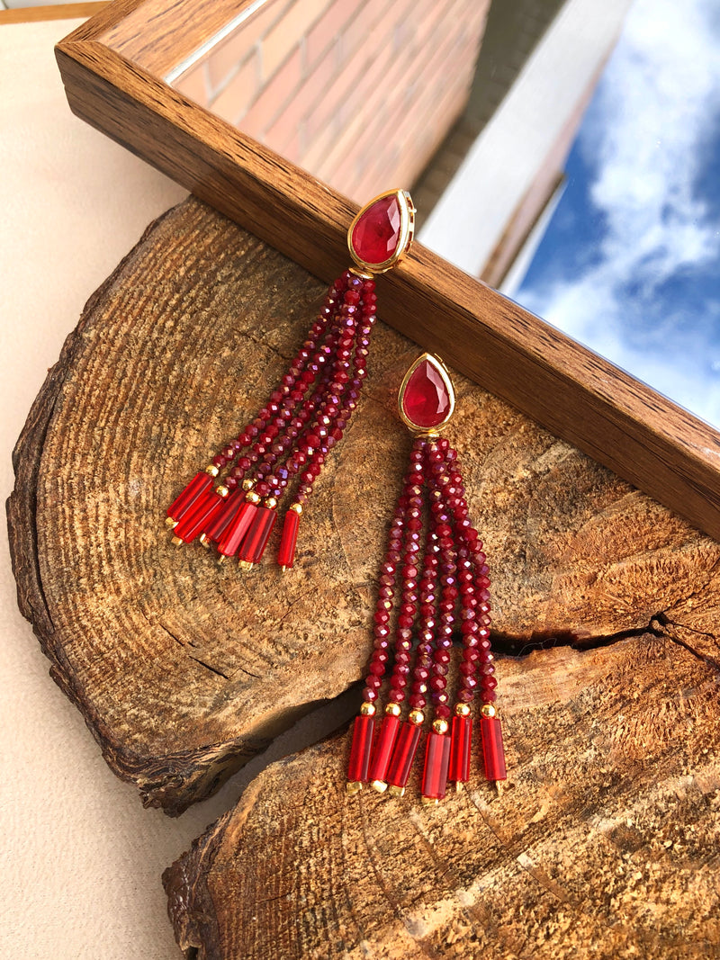 Par De Brincos Carol Tassel Vermelho Cherry E Gota