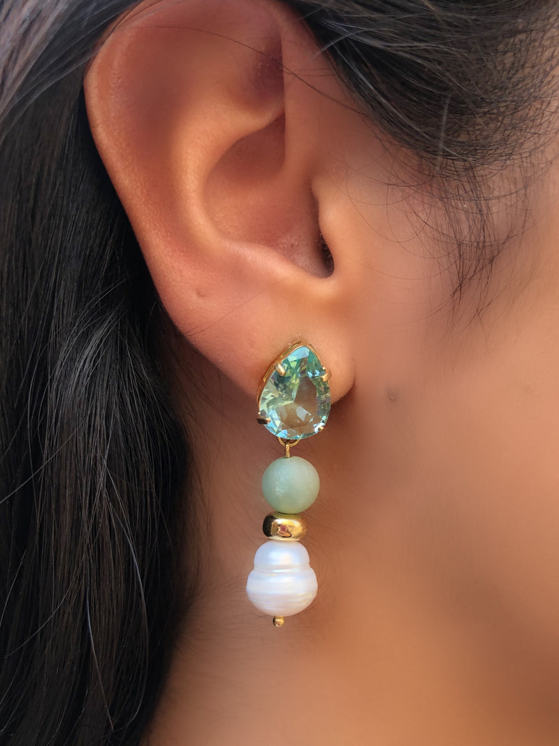 Par De Brincos Com Gota Cor Berilo E Pedras Naturais Amazonitas E Pérolas Naturais