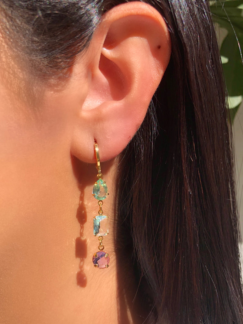 Par de Brinco Três Pedras Cor Berilo, Água Marinha E Tanzanita