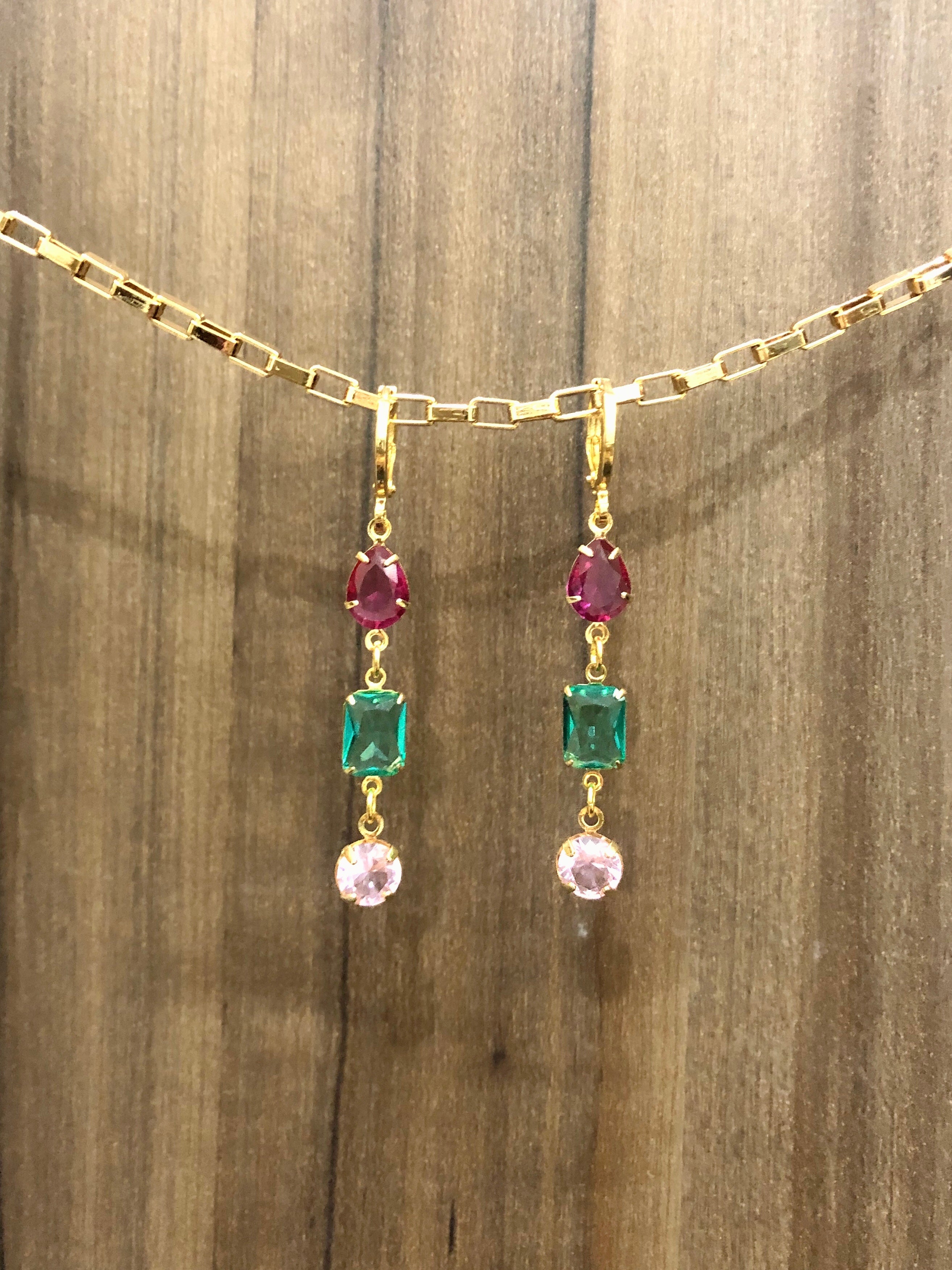 Par de Brinco Três Pedras Pink, Turmalina Paraíba e Rosa