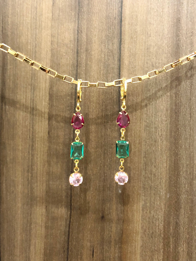 Par de Brinco Três Pedras Pink, Turmalina Paraíba e Rosa