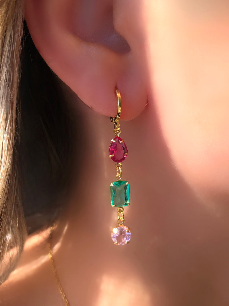 Par de Brinco Três Pedras Pink, Turmalina Paraíba e Rosa