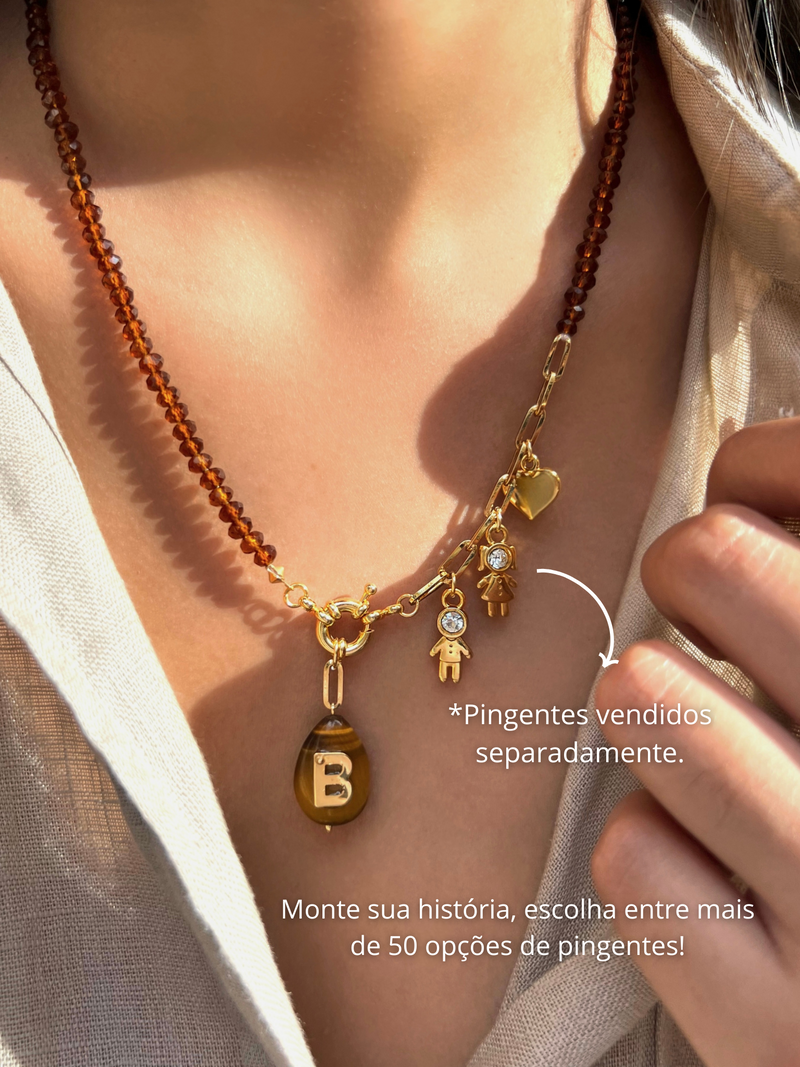 Colar Pins Fixos Com Inicial Olho De Tigre 50cm