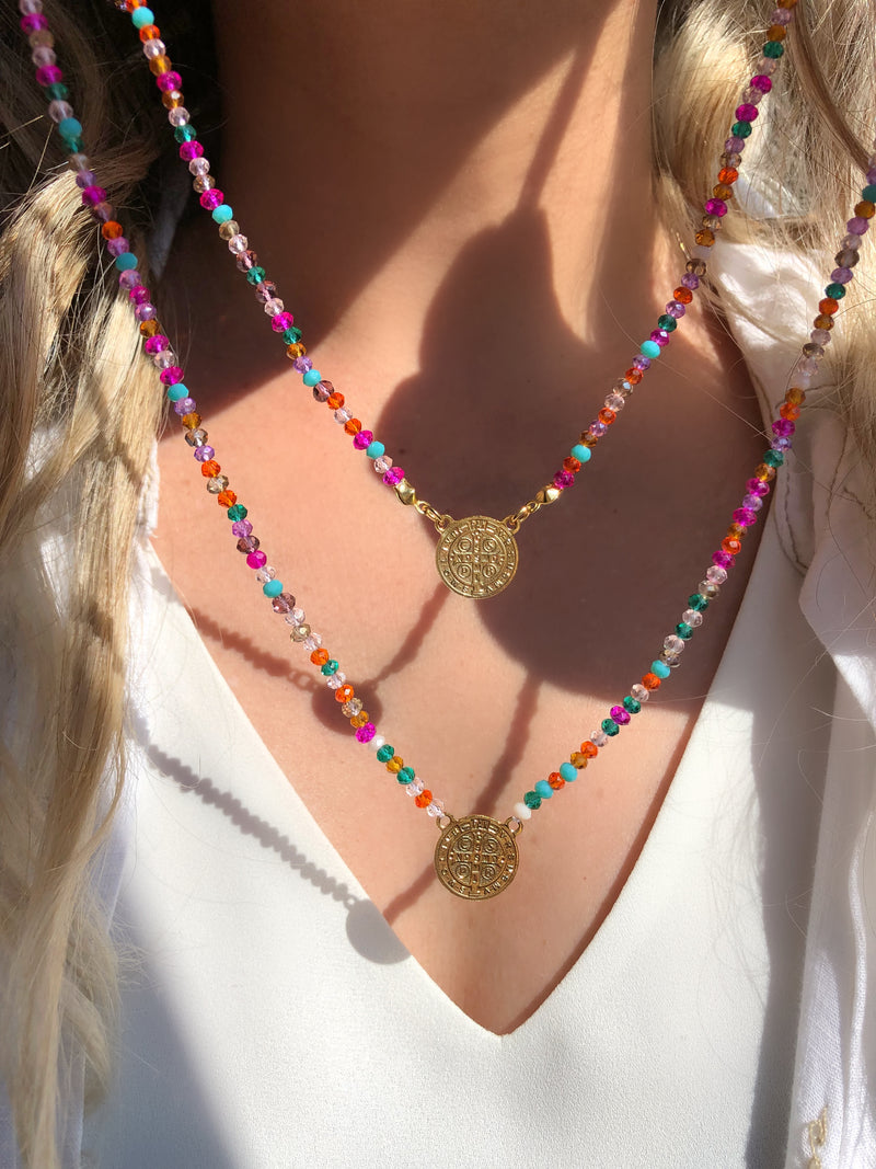 Escapulário Medalha São Bento Cristais Lapidados Coloridos 70cm