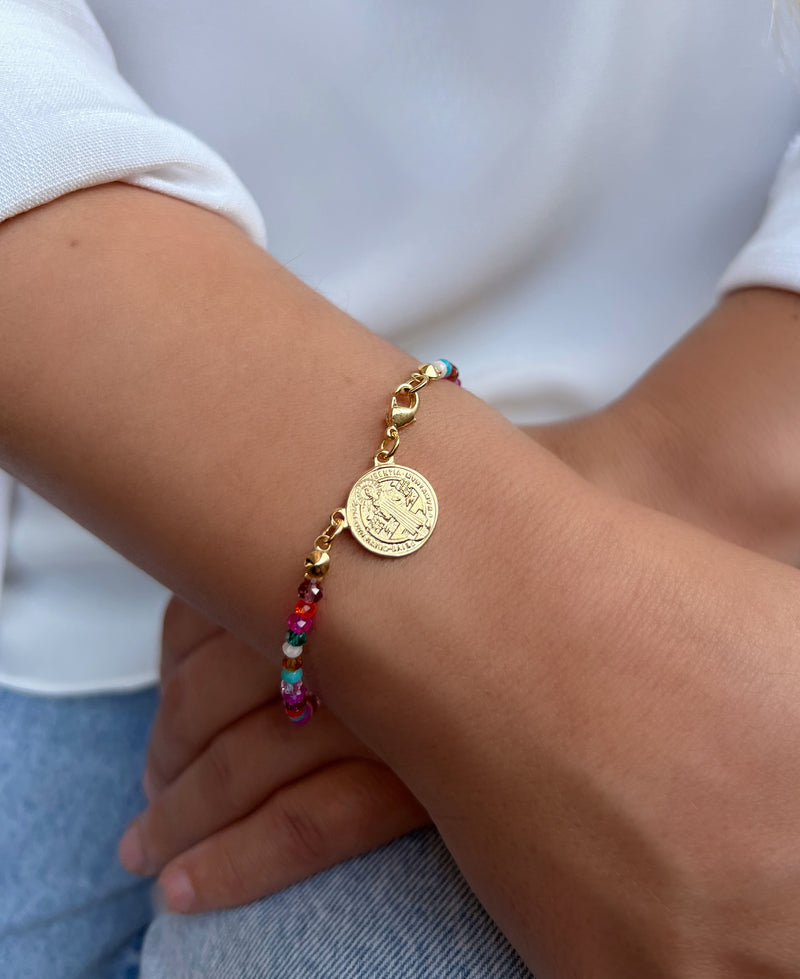 Pulseira Escapulário Cristais Lapidados Coloridos E Medalha São Bento