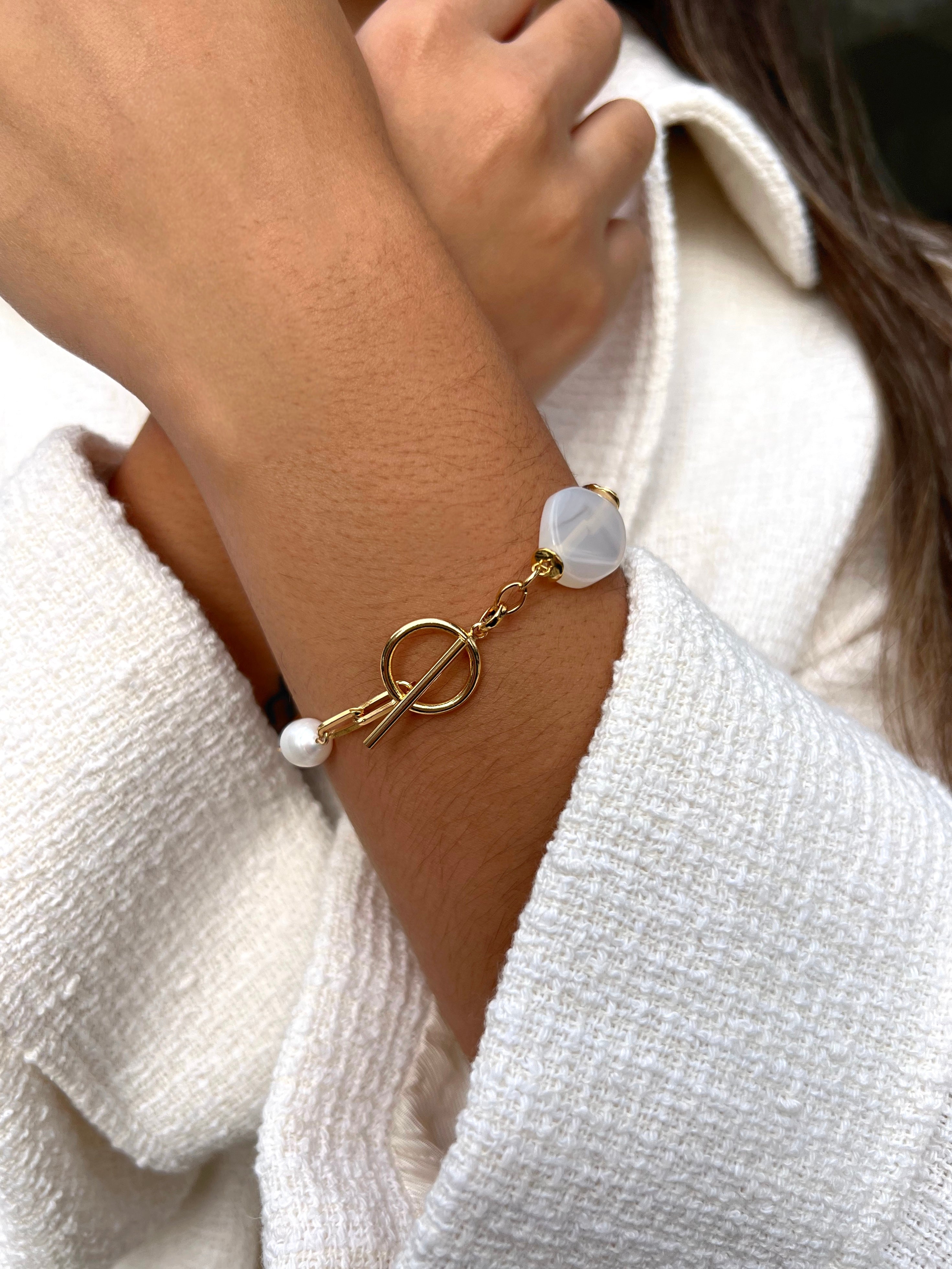 Pulseira Com Pedras Ágata Branca 19cm