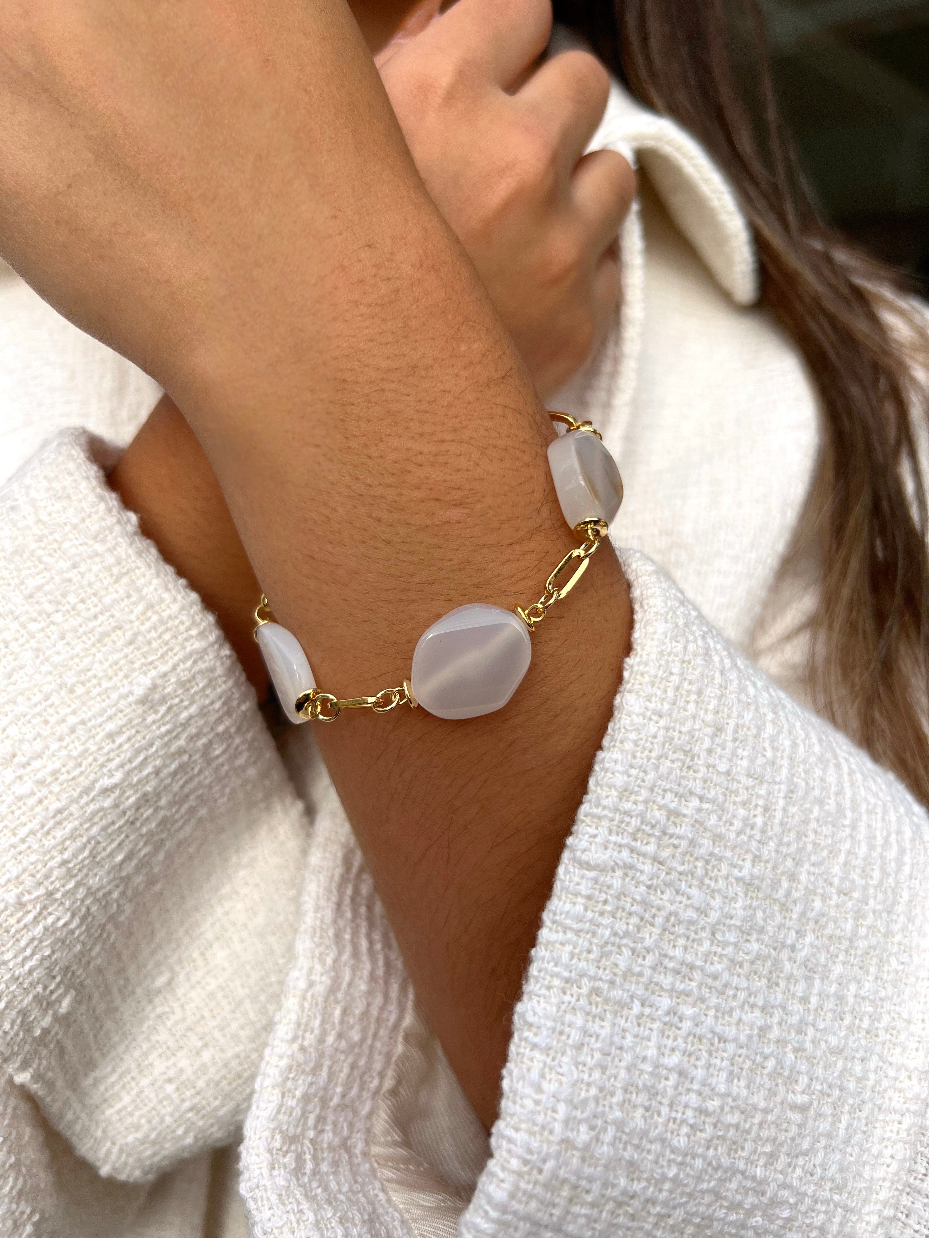 Pulseira Com Pedras Ágata Branca 19cm