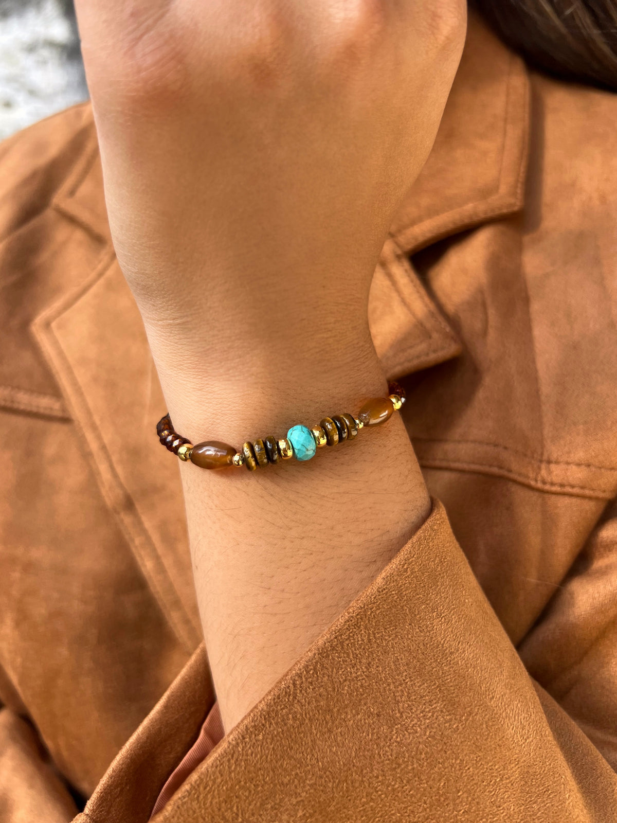 Pulseira Ágata Marrom Rodelas Olho De Tigre e Pedra Turquesa 17cm