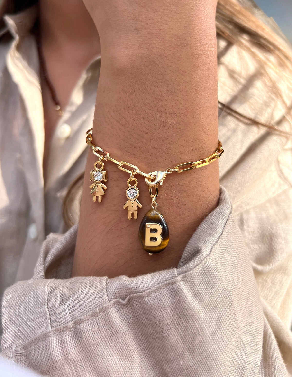 Pulseira Pins Removíveis Pedra Olho De Tigre Com Inicial 19,5cm
