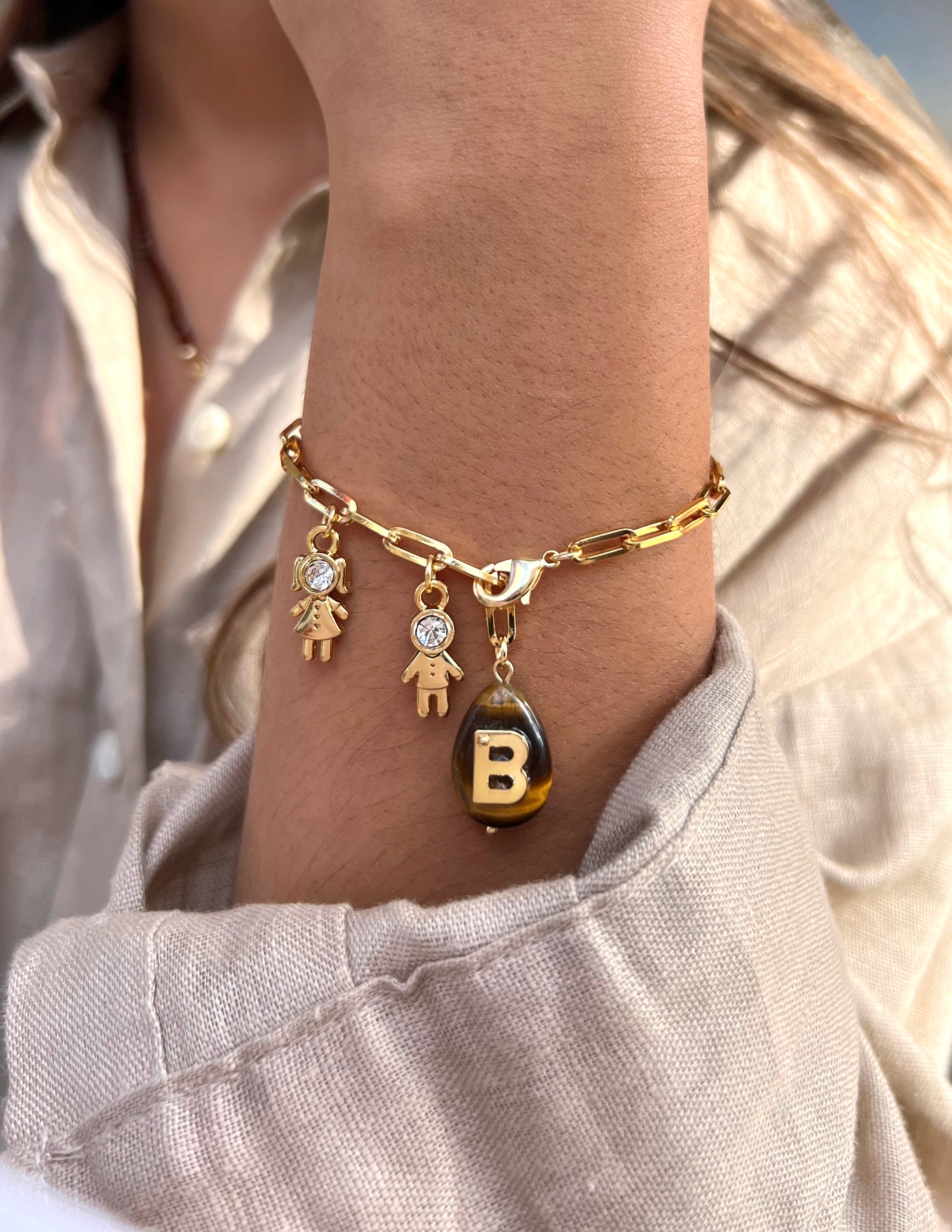 Pulseira Pins Removíveis Pedra Olho De Tigre Com Inicial 19,5cm