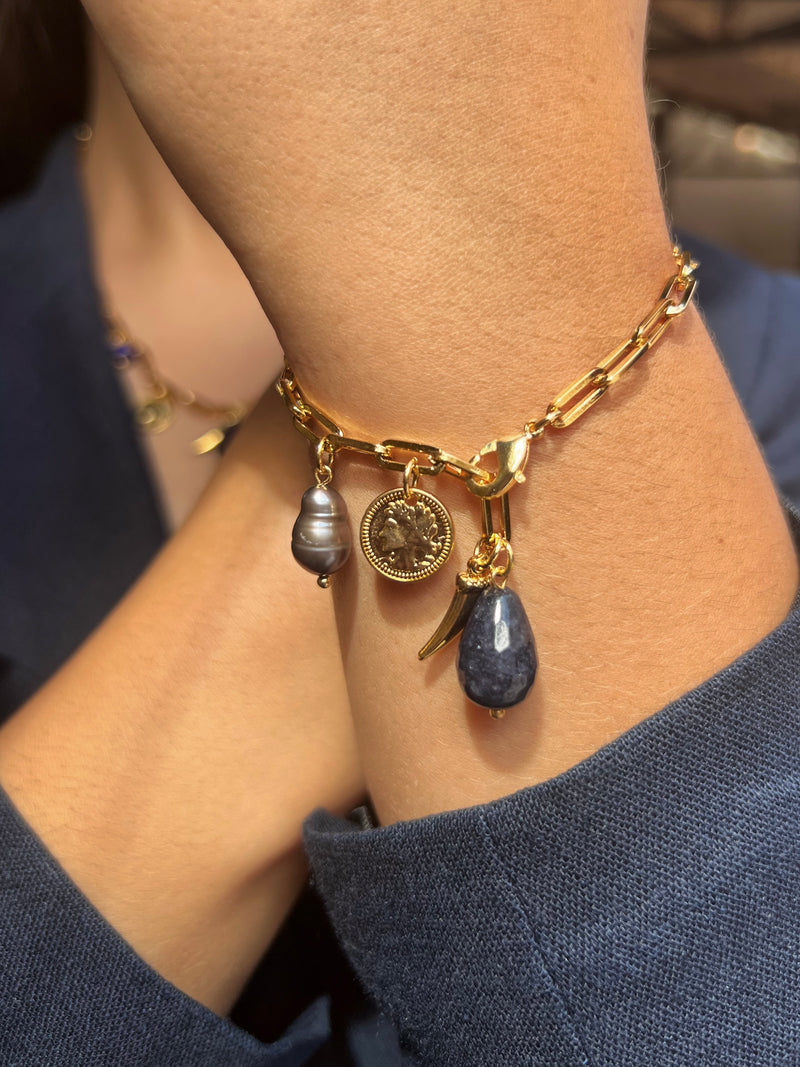 Pulseira Com Pingentes E Pedra Natural Safira Azul 19cm