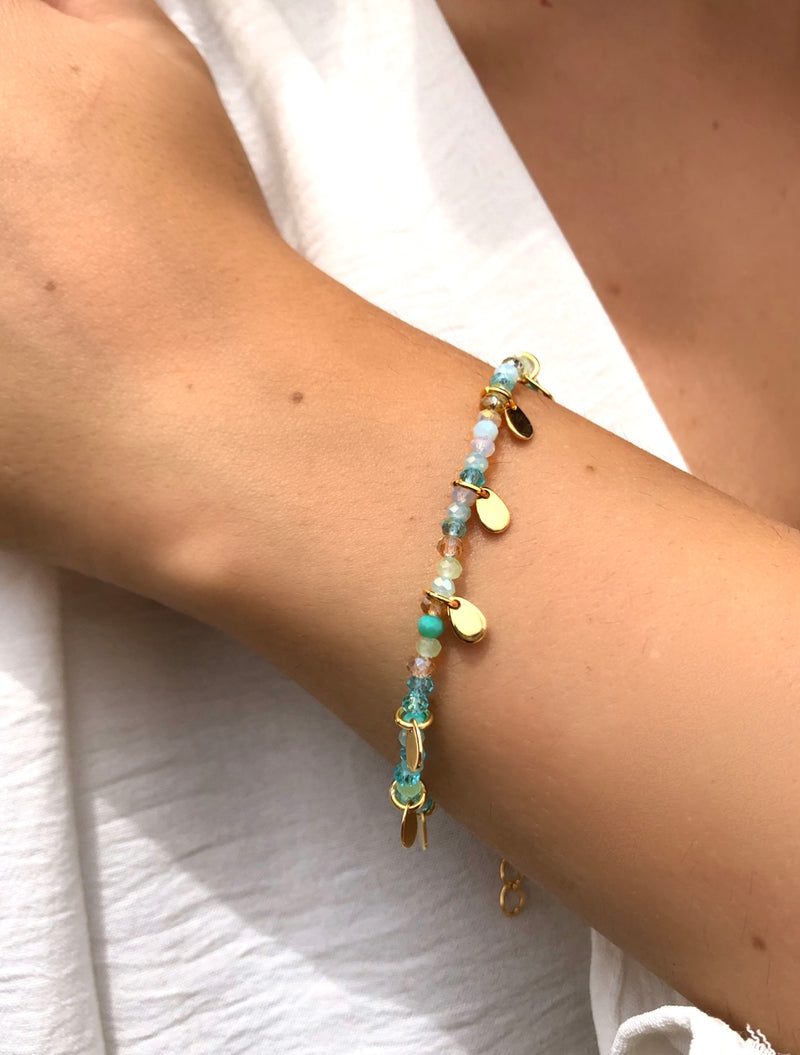 Pulseira Cristais Mix Caribe E Mini Gotas Penduradas 16cm