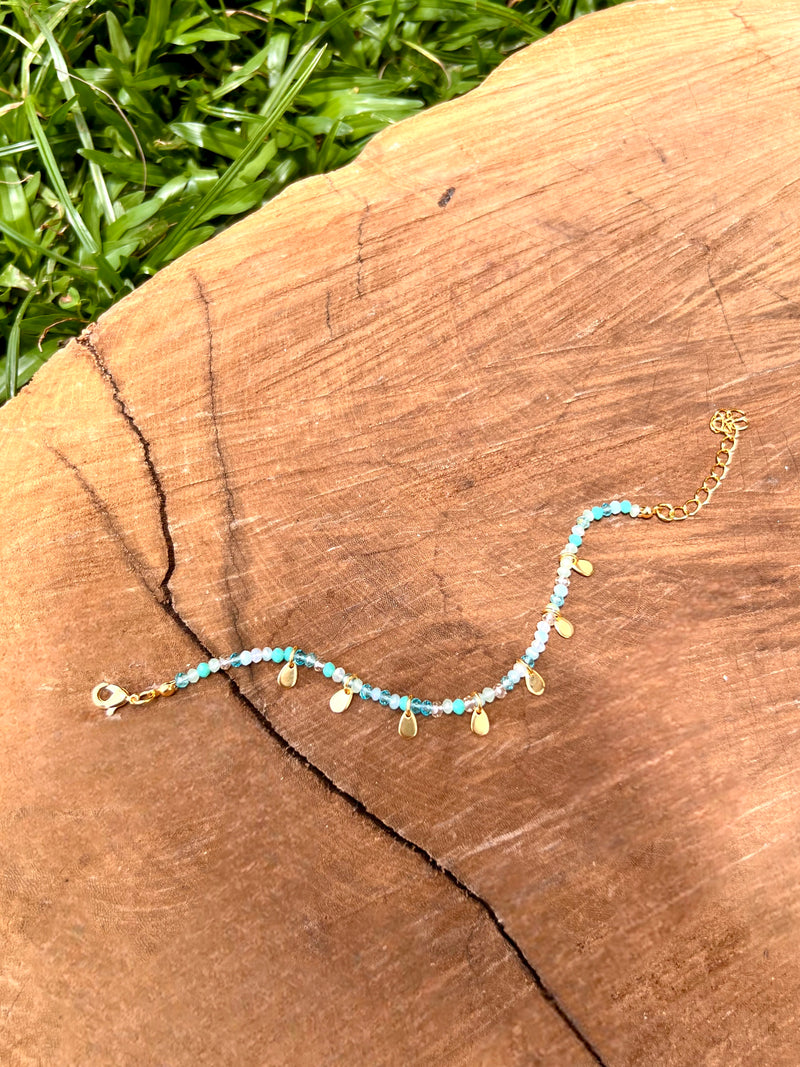 Pulseira Cristais Mix Caribe E Mini Gotas Penduradas 16cm