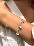 Pulseira Cristais Mix Caribe E Mini Pérolas Penduradas 16cm