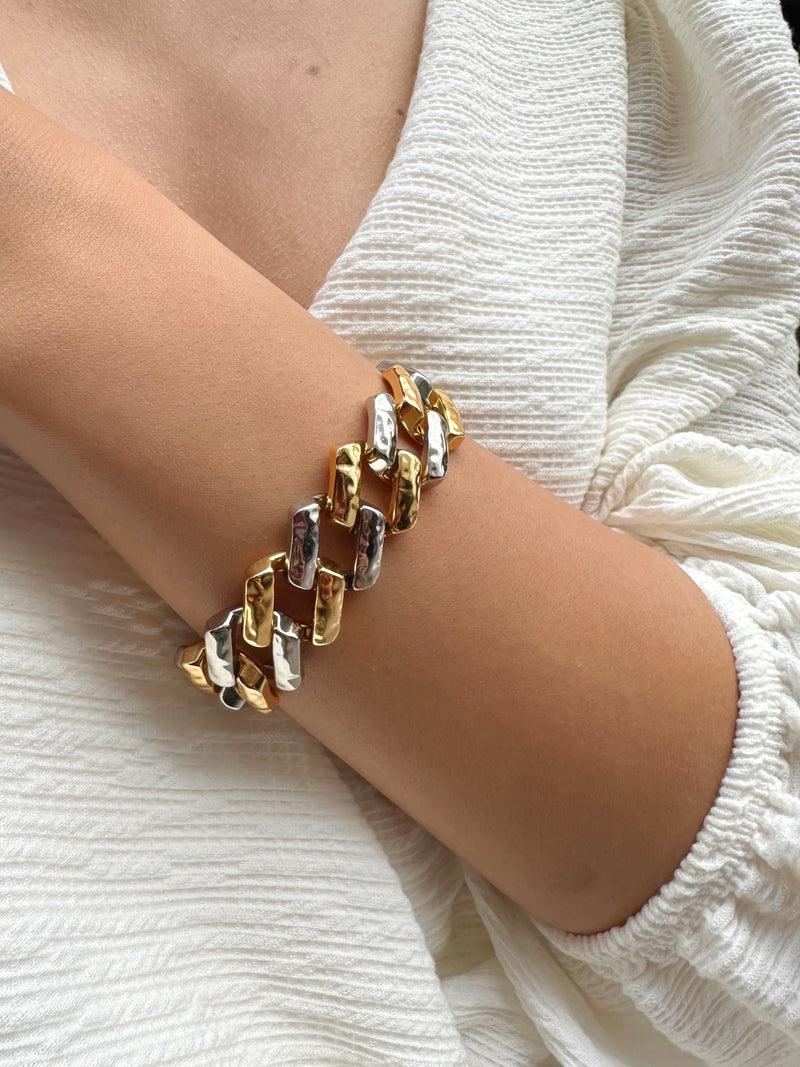 Pulseira Duo Banho Elos Quadrados Martelado