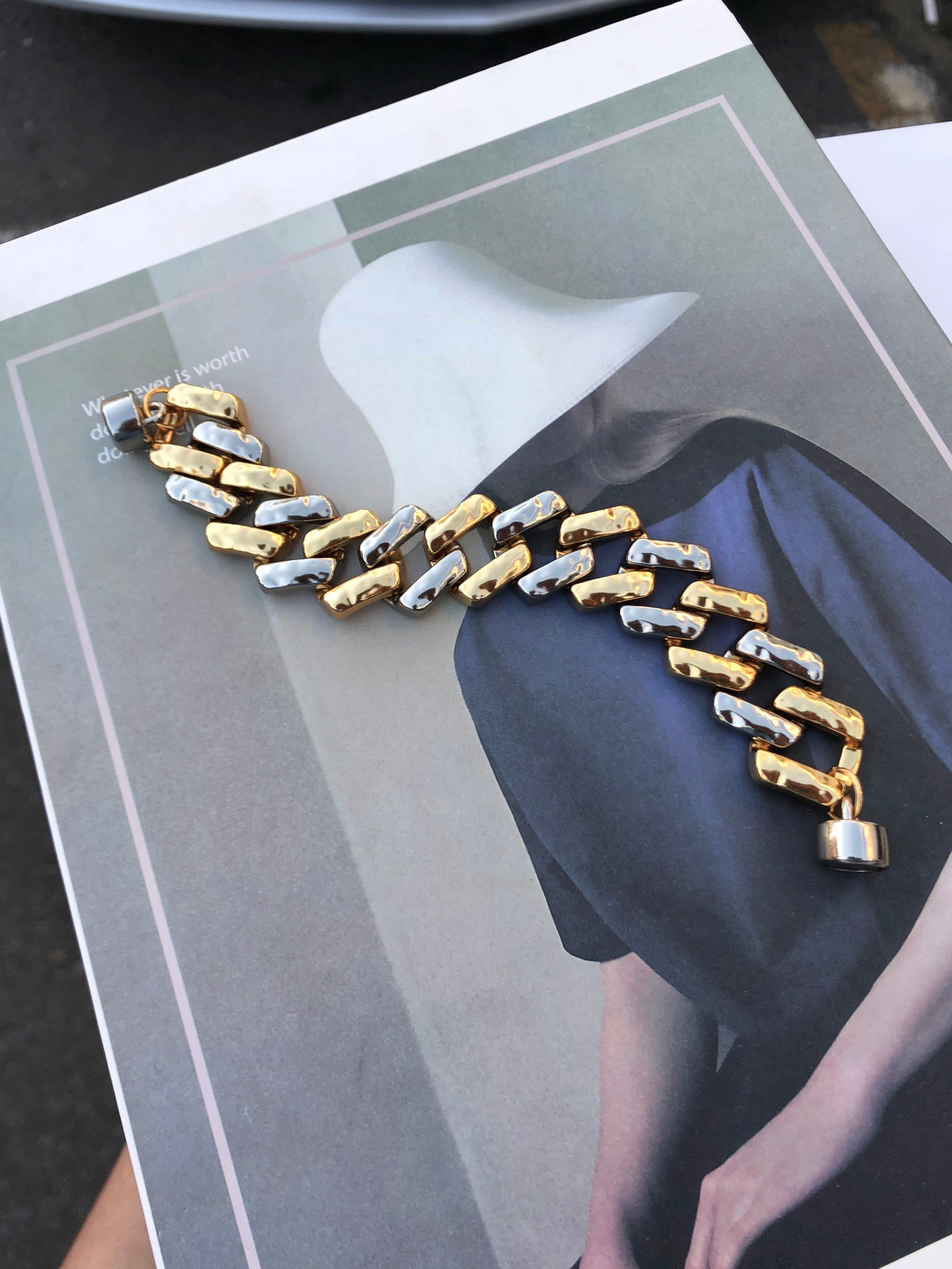 Pulseira Duo Banho Elos Quadrados Martelado