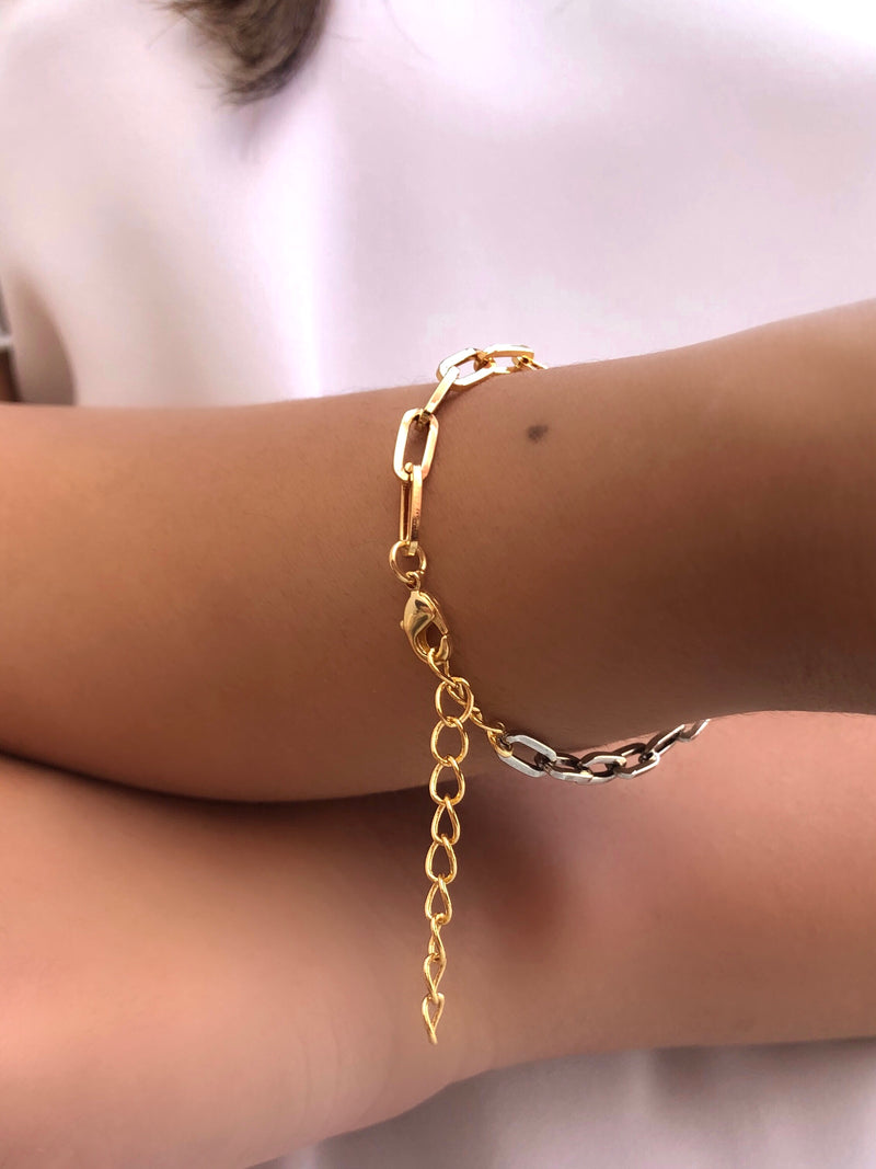 Pulseira Duo Corrente Elos Fina Ródio Branco E Ouro 16cm