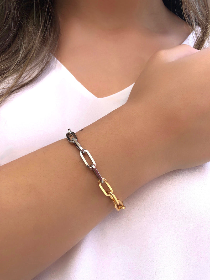 Pulseira Duo Corrente Elos Media Ródio Branco E Ouro 16cm