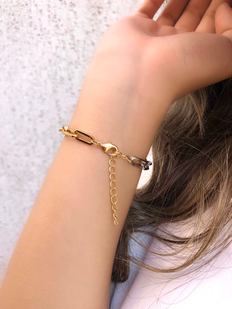 Pulseira Duo Corrente Elos Media Ródio Branco E Ouro 16cm