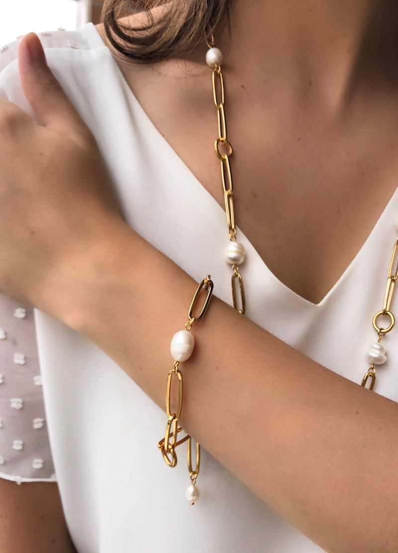 Pulseira Elos Longos E Pérola Água Doce 18cm