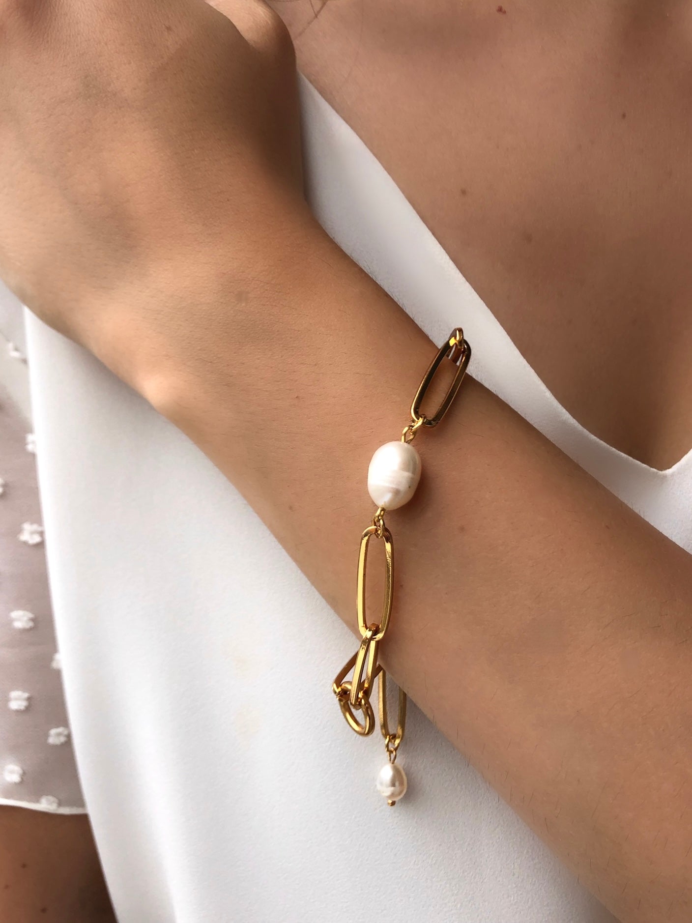 Pulseira Elos Longos E Pérola Água Doce 18cm