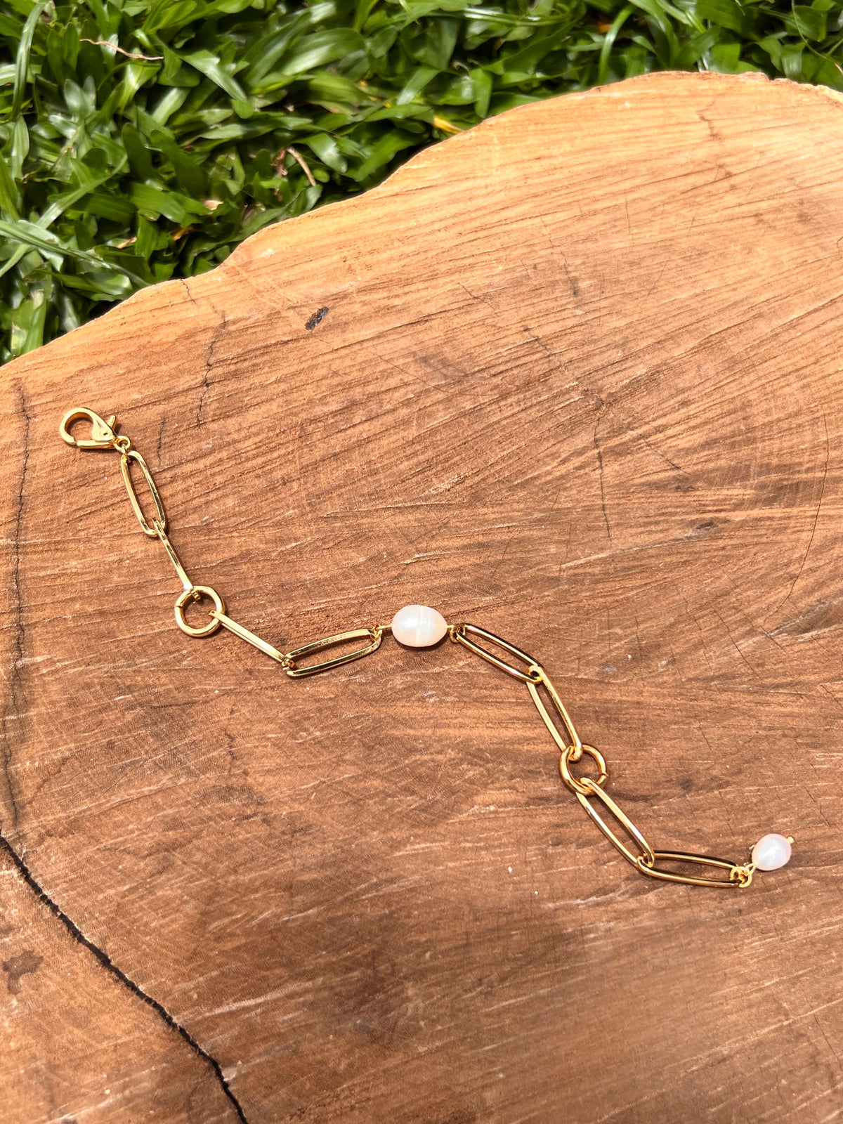 Pulseira Elos Longos E Pérola Água Doce 18cm