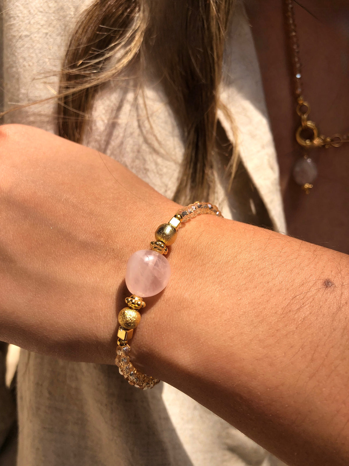 Pulseira Fernanda Pedra Rolada Quartzo Rosa