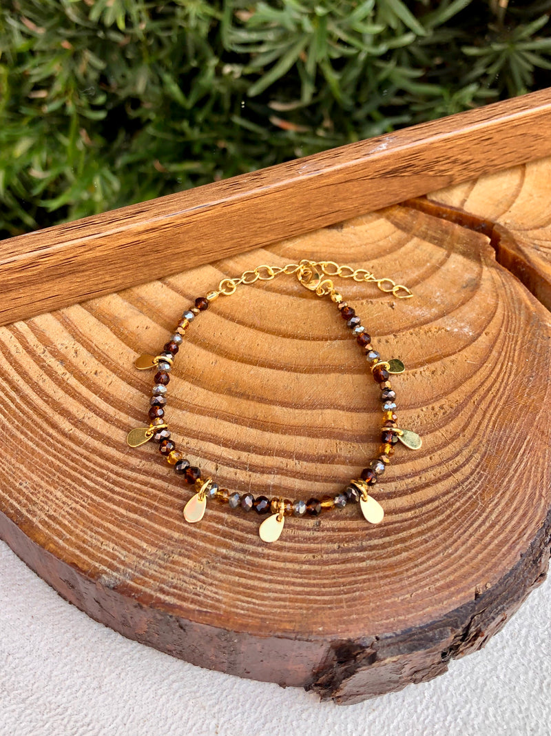 Pulseira Lais Cristais Mix Marrom E Mini Gotas Penduradas 16cm