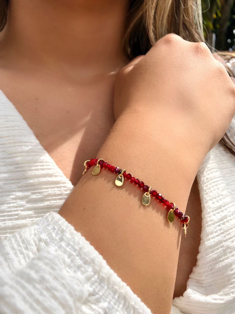 Pulseira Lais Cristais Mix Vermelho Cherry E Mini Gotas Penduradas 16cm