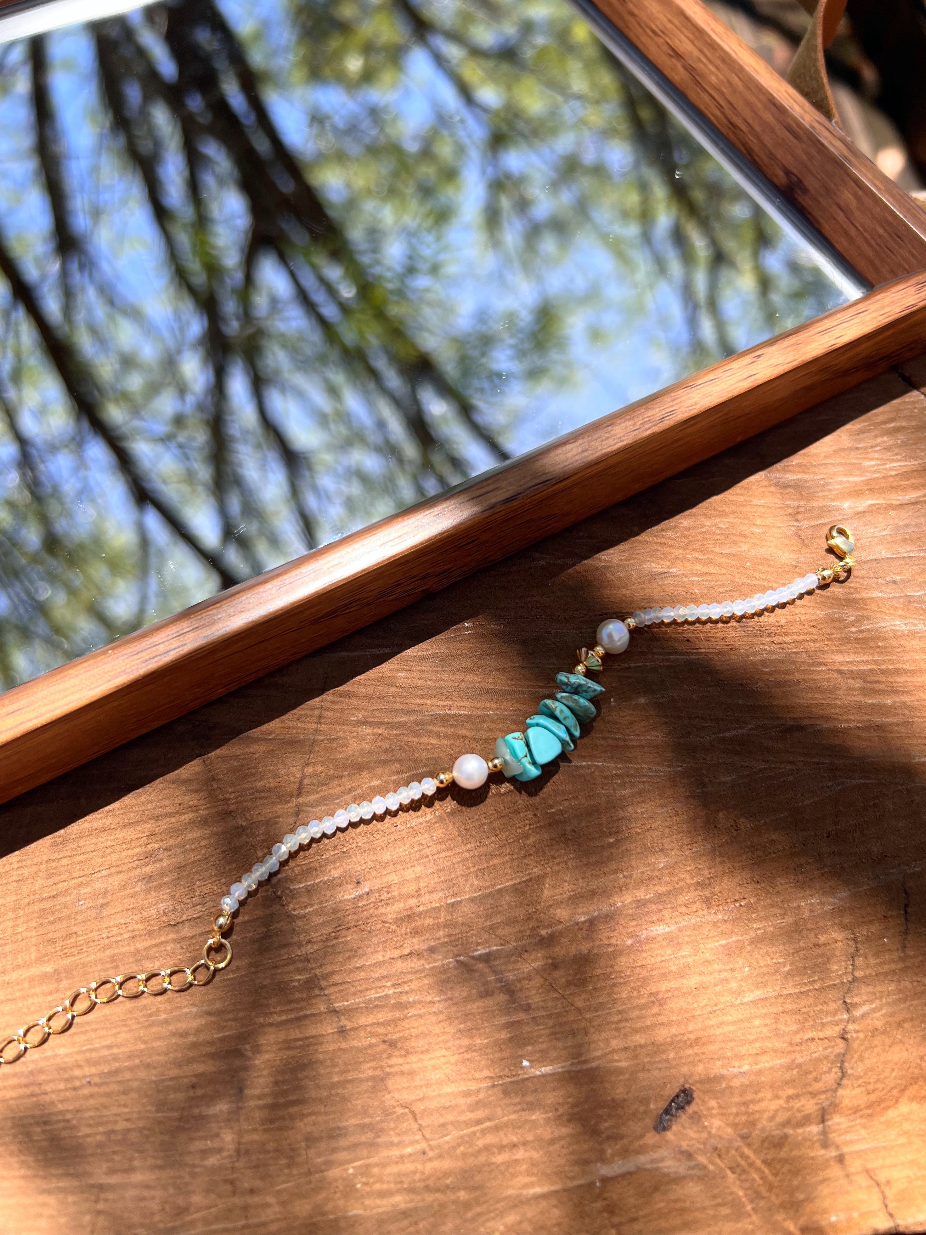Pulseira Maite Com Cascalhos Turquesa, Pérolas Água Doce16cm