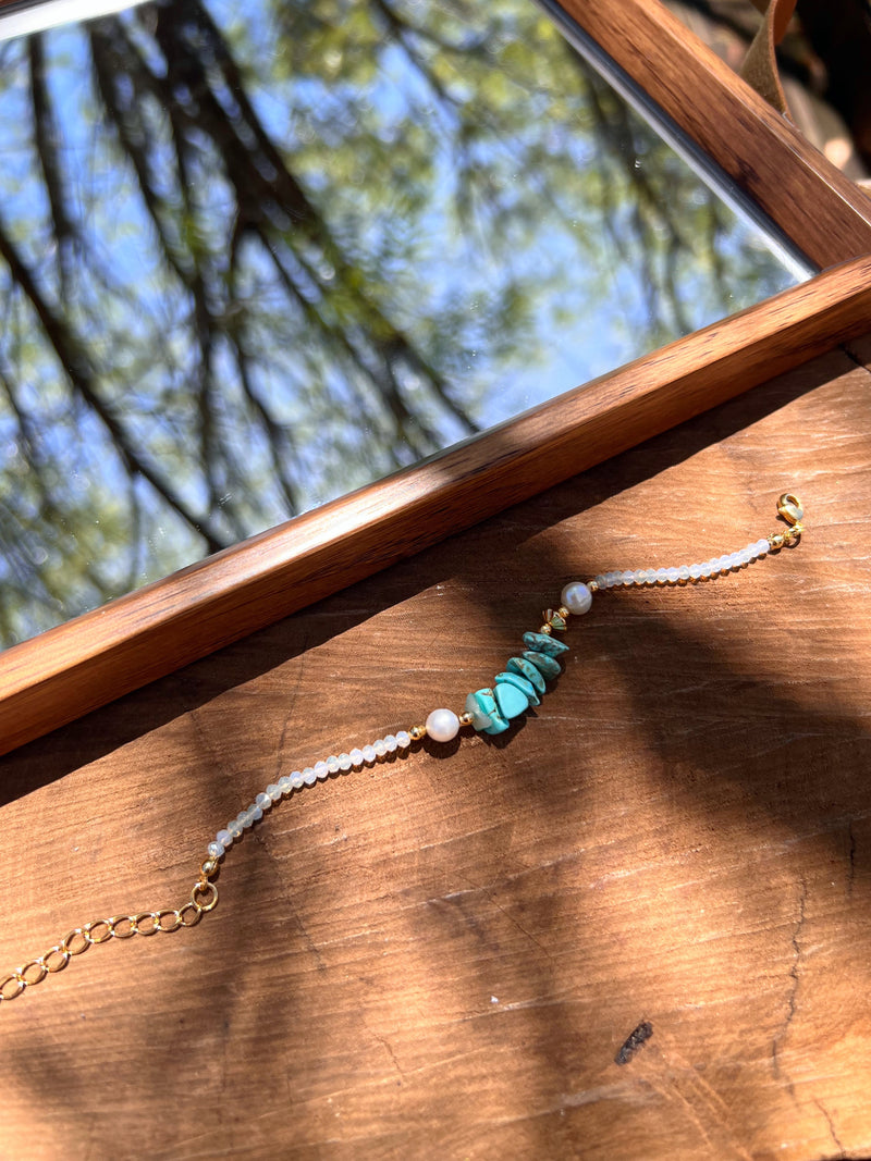 Pulseira Maite Com Cascalhos Turquesa, Pérolas Água Doce16cm