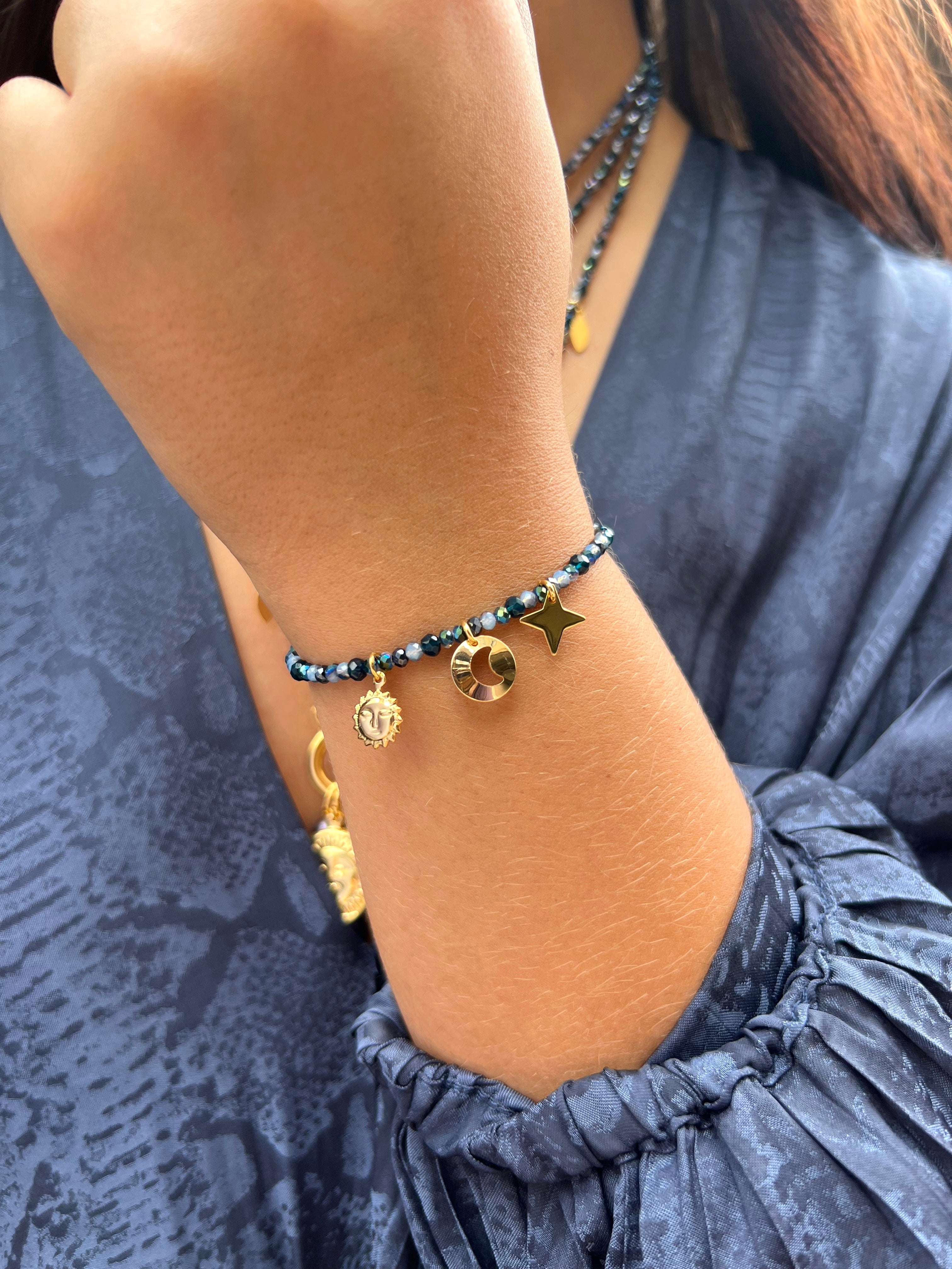 Pulseira Mix Tons Azuis Pingentes Céu 16cm