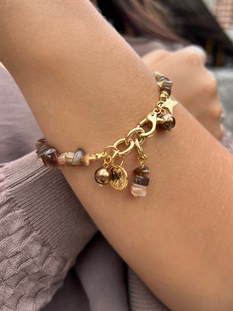 Pulseira Pedras Naturais Ágata Marrom E Pingentes 20cm