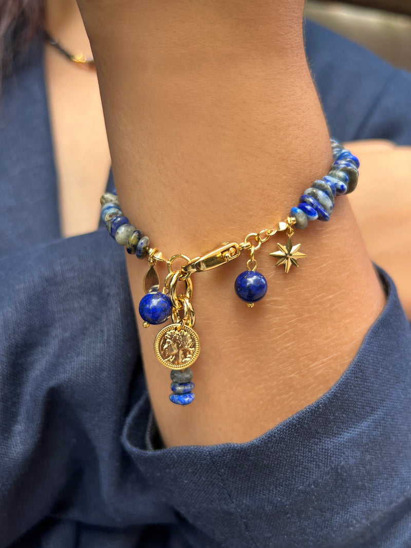 Pulseira Pedras Naturais E Cascalho Lapis Lazuli E Pingentes