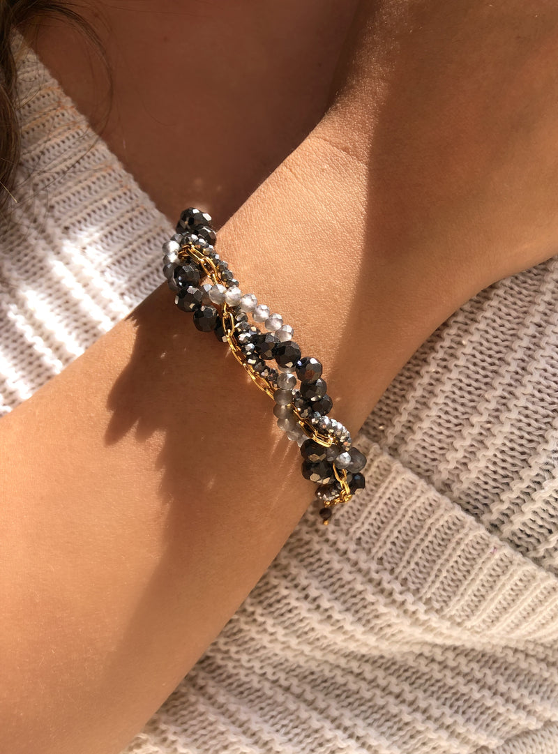 Pulseira Rebeca Torcido Com Cristais E Corrente Tons Cinza 18cm