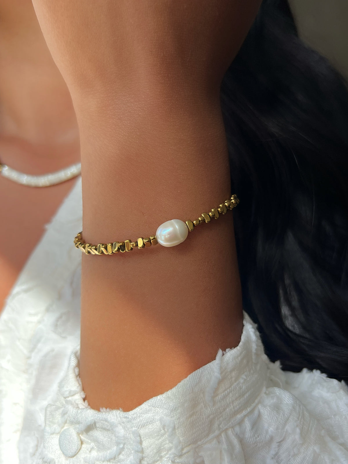 Pulseira Hematita Com Pérola Barroca 17cm
